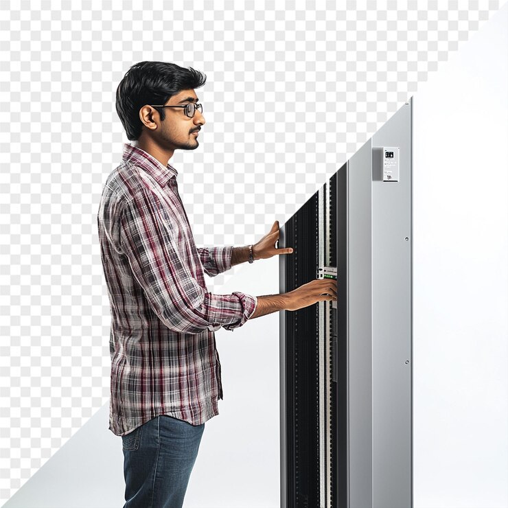 PSD un hombre está mirando en un refrigerador con la puerta abierta