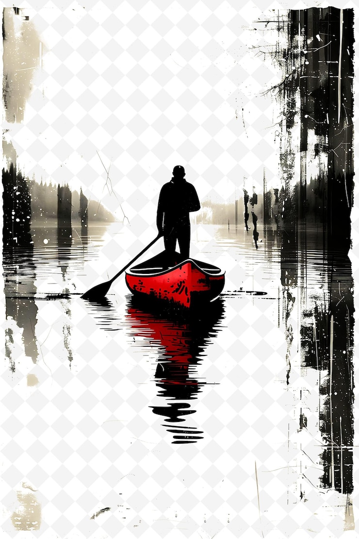 PSD un hombre está de pie en un barco con un kayak rojo en el agua