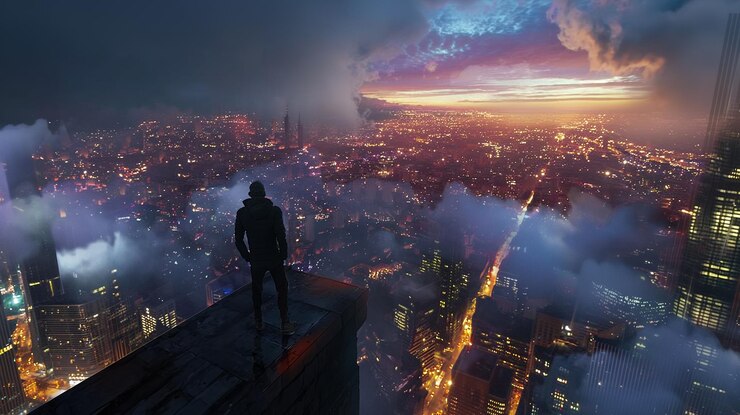 PSD un hombre está de pie en una cornisa con vistas a una ciudad cityscape papel tapiz