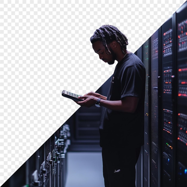 un hombre está de pie frente a una computadora con la palabra poder en ella