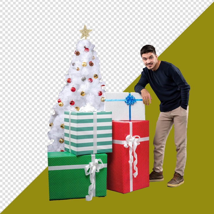 PSD un hombre está de pie junto a un árbol de navidad con regalos
