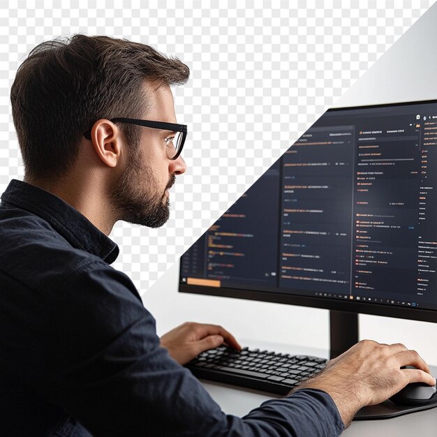 un hombre está trabajando en una computadora con el código de la palabra en la pantalla