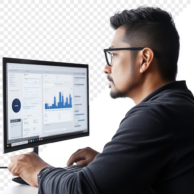 un hombre está trabajando en una computadora con un gráfico en él