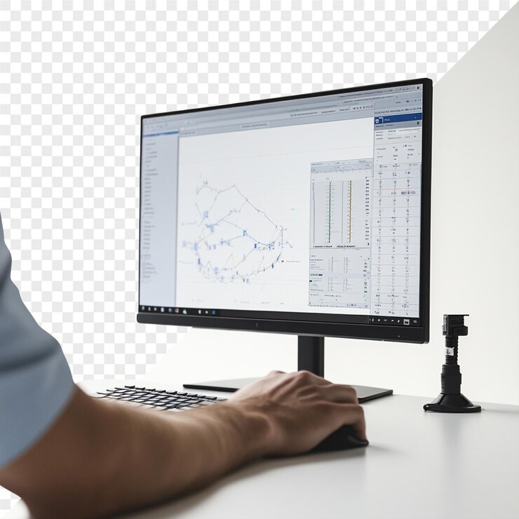 PSD un hombre está trabajando en una computadora con un mapa en la pantalla