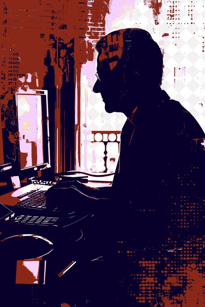 un hombre está trabajando en una computadora con un monitor de computadora detrás de él