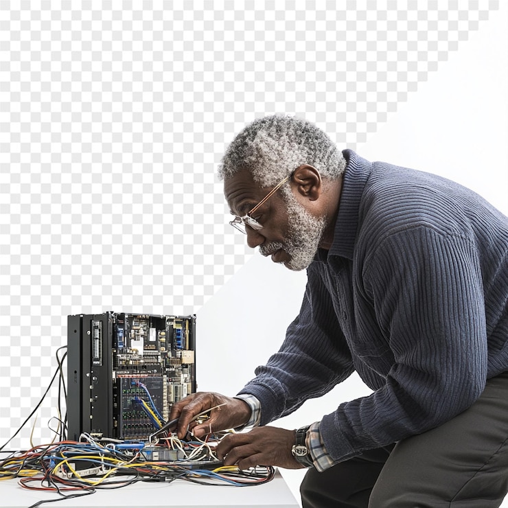 PSD un hombre está trabajando en una computadora con una pantalla de computadora detrás de él