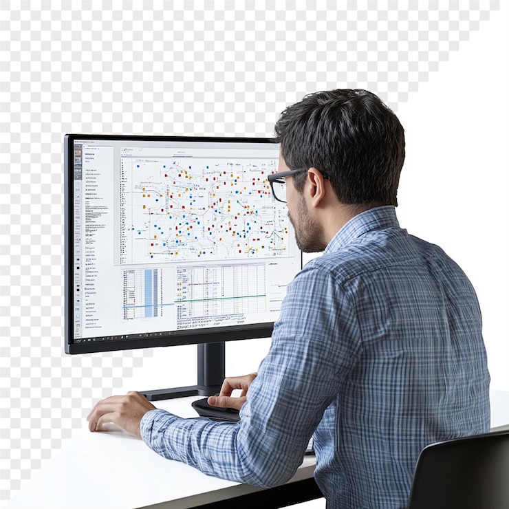 PSD un hombre está trabajando en una computadora con una pantalla de computadora que muestra la hora de 4 30