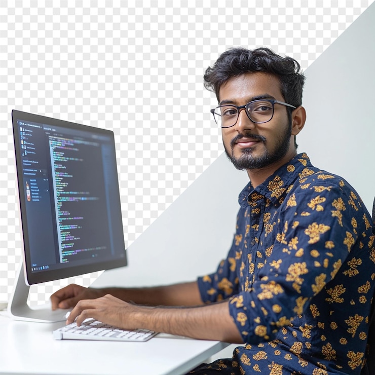 PSD un hombre está usando una computadora con una camisa azul que dice datos