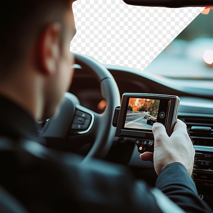 PSD un hombre está usando un teléfono celular mientras conduce un coche