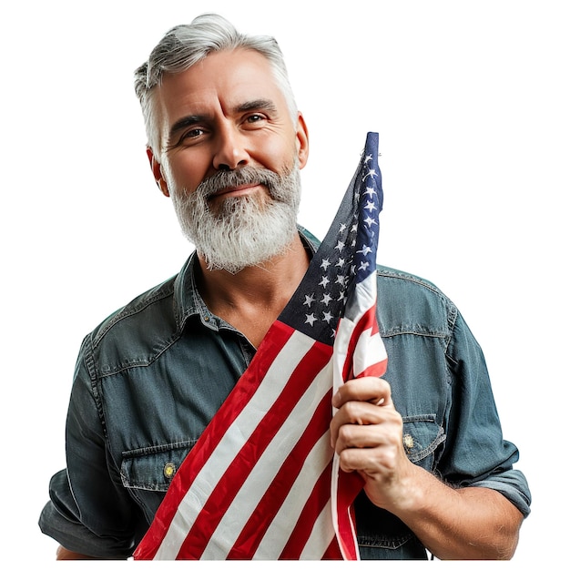 Hombre estadounidense maduro de cabello gris de mediana edad sosteniendo la bandera estadounidense como un fanático patriota del fútbol de los estados unidos