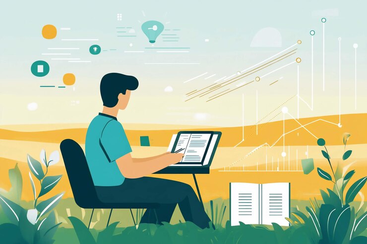 PSD hombre estudiando al aire libre usando una tableta rodeado de gráficos e ideas