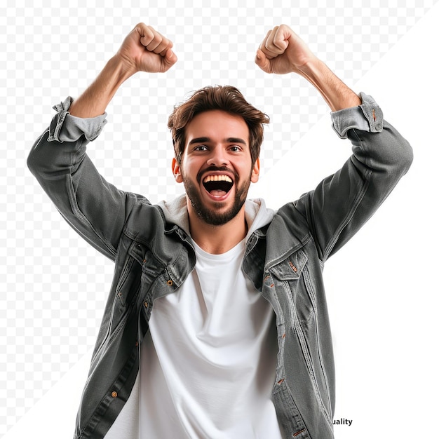 Hombre exitoso feliz emocionado triunfando con las manos levantadas