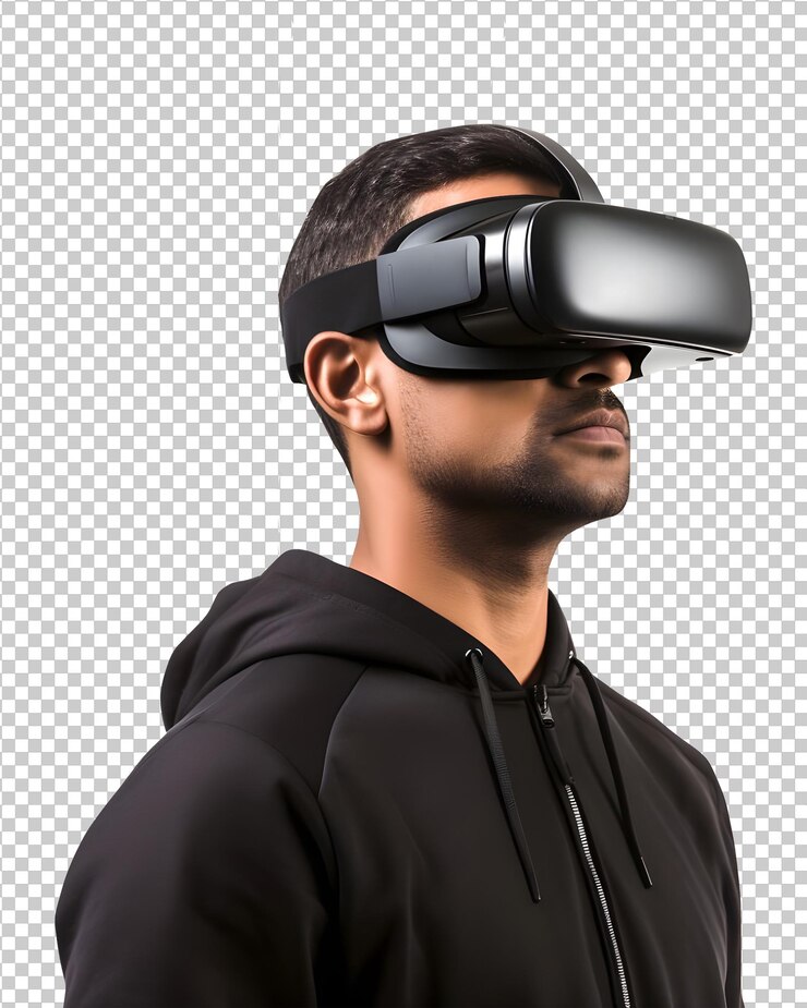 PSD hombre experimentando la realidad virtual a través de un auricular de realidad virtual aislado en un fondo transparente
