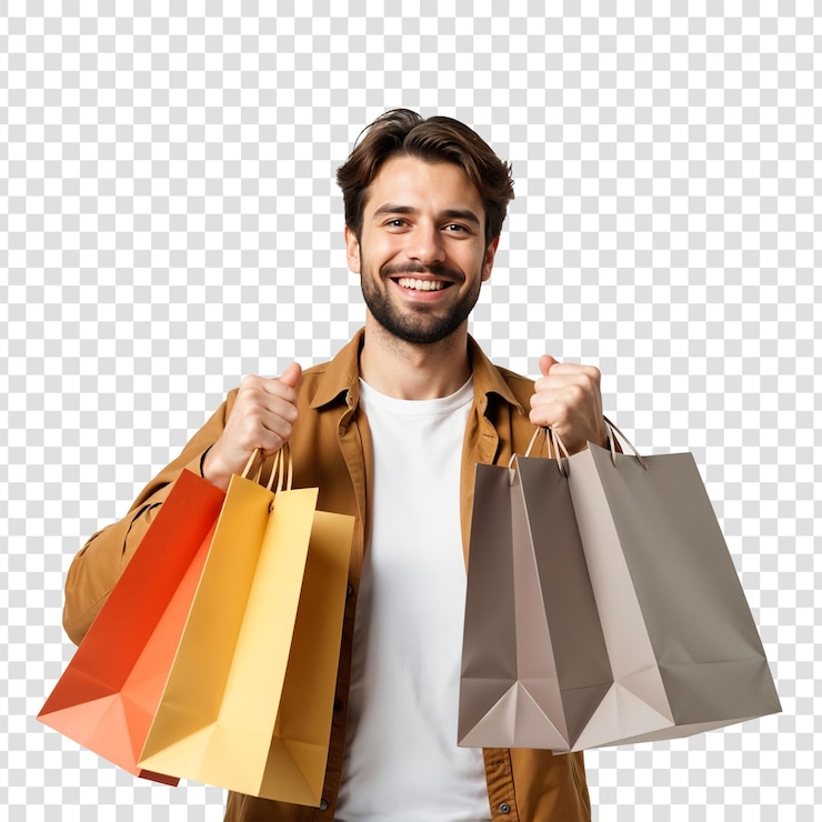 PSD hombre feliz con bolsas de compras