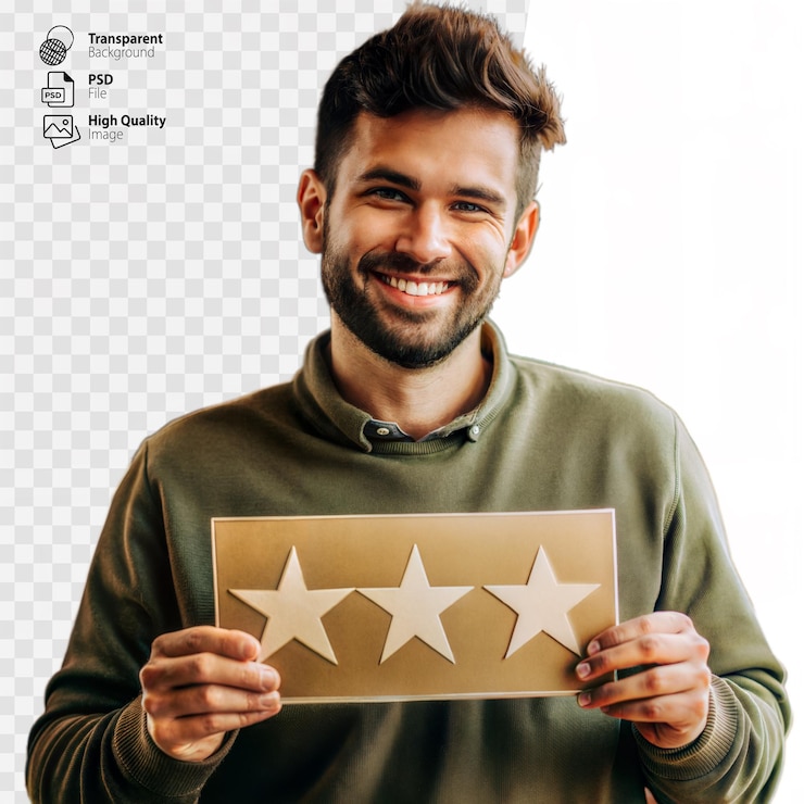 PSD hombre feliz con un cartel de revisión de tres estrellas en un fondo transparente