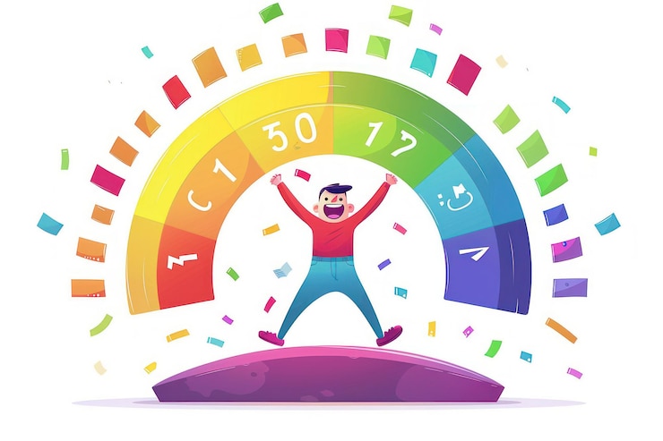 PSD un hombre feliz celebrando su logro de pie en una plataforma frente a una tabla colorida