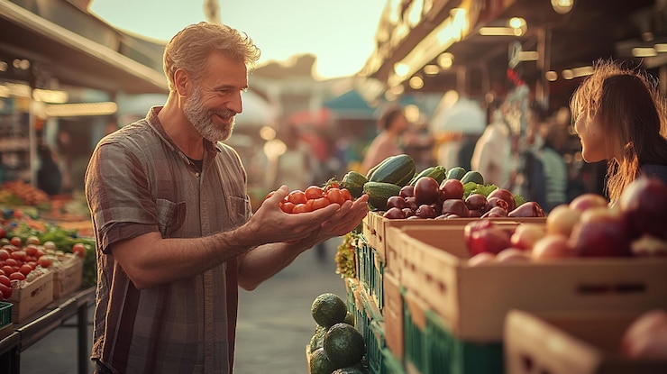 PSD hombre feliz mostrando tomates cereza a una chica en el mercado de agricultores