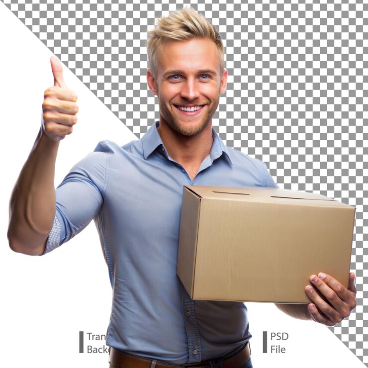 PSD hombre feliz sosteniendo una caja de cartón y levantando el pulgar