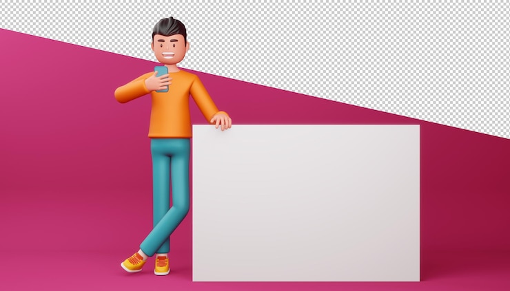 PSD hombre feliz con teléfono y renderizado 3d de pantalla en blanco