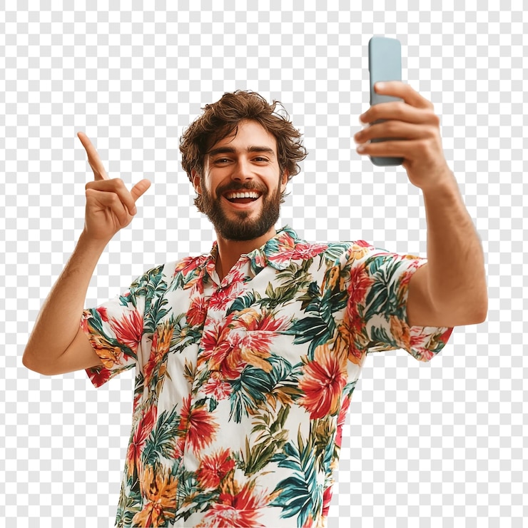 PSD hombre feliz tomando una selfie con una camisa tropical