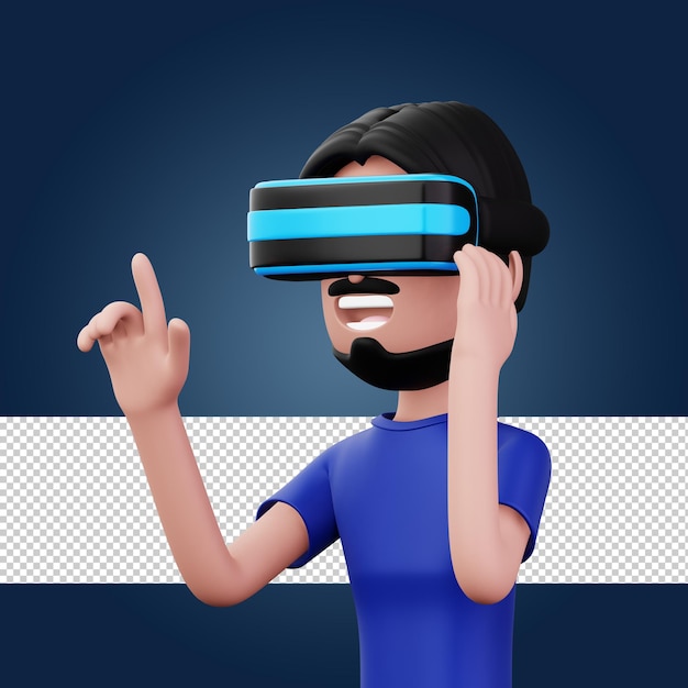 PSD hombre feliz usando auriculares de realidad virtual lindo personaje de dibujos animados con renderizado vr 3d