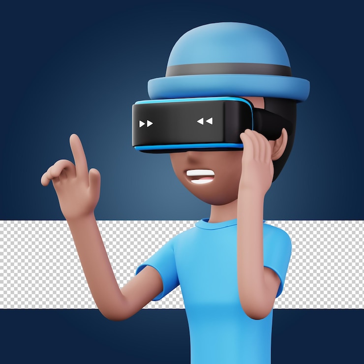 PSD hombre feliz usando auriculares de realidad virtual lindo personaje de dibujos animados con renderizado vr 3d