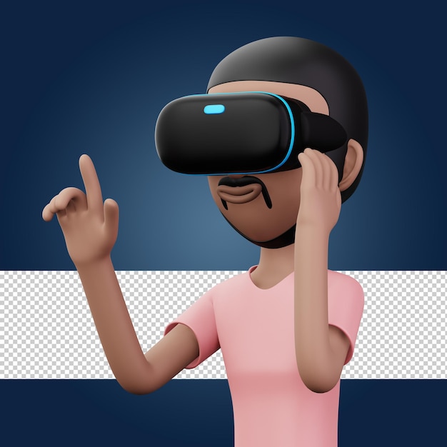 Hombre feliz usando auriculares de realidad virtual Lindo personaje de dibujos animados con renderizado VR 3d