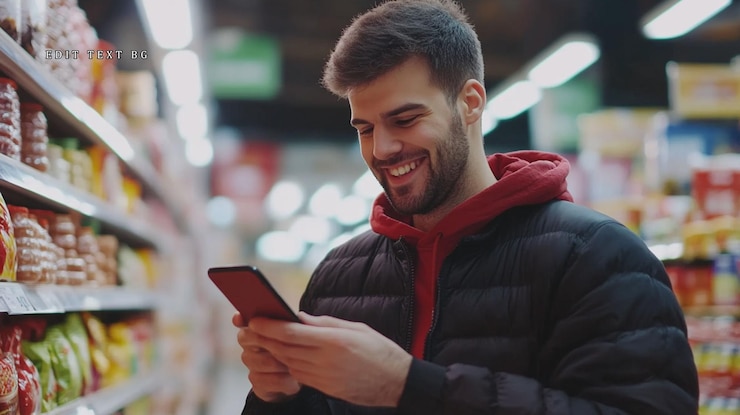 PSD hombre feliz usando un teléfono inteligente en el pasillo 2 del supermercado
