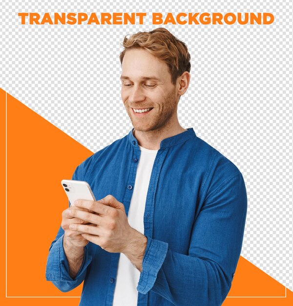 Hombre feliz usando el teléfono móvil