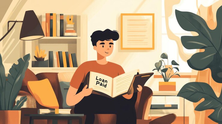 PSD hombre felizmente lee el libro de préstamo pagado en el sofá en la habitación iluminada por el sol