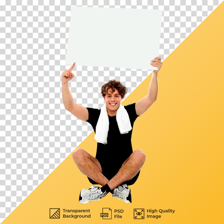 PSD el hombre de fitness sostiene el letrero de la junta