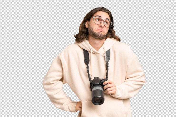 PSD hombre fotógrafo más joven sobre un fondo aislado haciendo un gesto de dudas mientras levanta los hombros