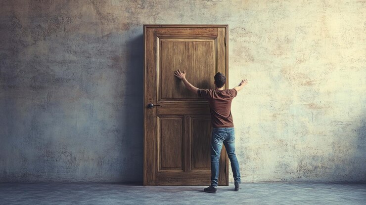 PSD hombre frente a una gran puerta de madera una metáfora de nuevos comienzos e incertidumbre