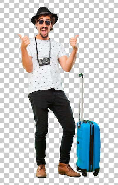 PSD hombre fresco barbudo joven del viajero con un bolso. concepto de vacaciones