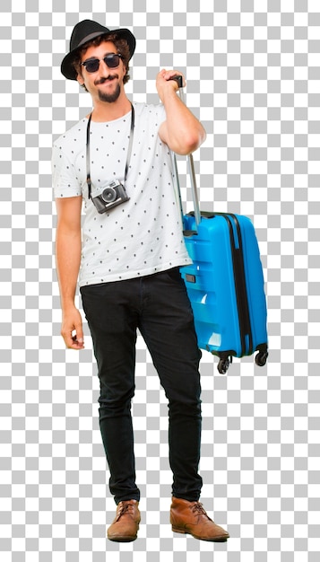 Hombre fresco barbudo joven del viajero con un bolso. concepto de vacaciones