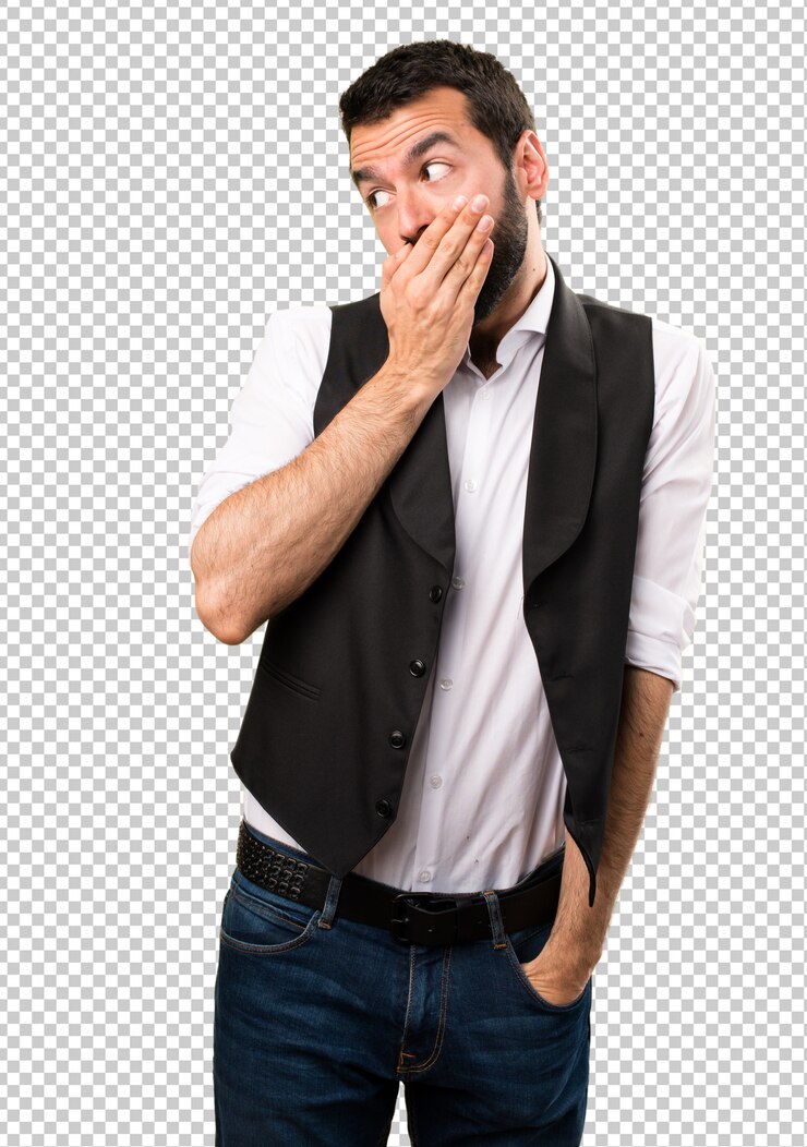 PSD hombre fresco cubriendo su boca