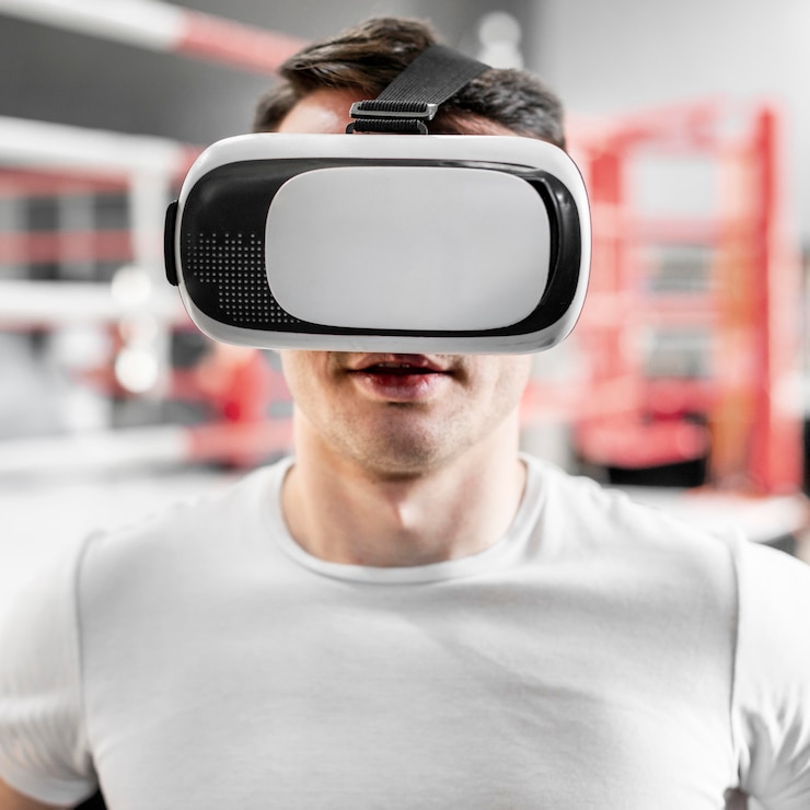 PSD hombre con gafas de realidad virtual en el entrenamiento de boxeo