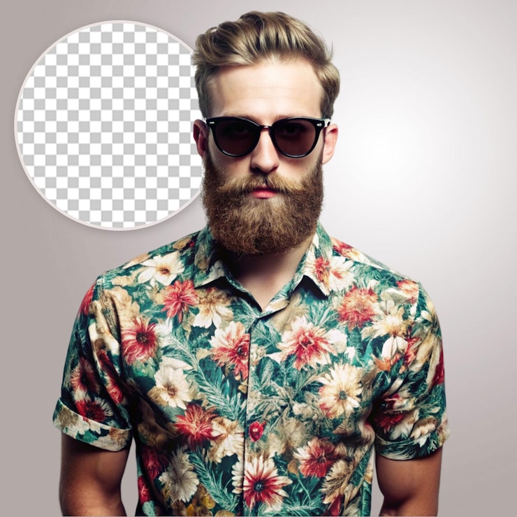 PSD un hombre con gafas de sol y una camisa floral sonriendo en un fondo transparente