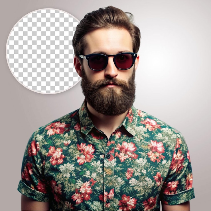 PSD un hombre con gafas de sol y una camisa floral sonriendo en un fondo transparente