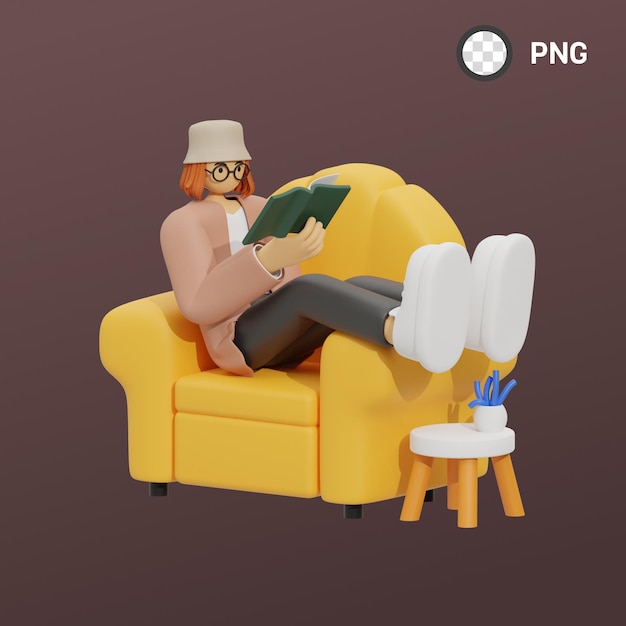 Un hombre con gafas y sombrero leyendo un libro en una silla amarilla.