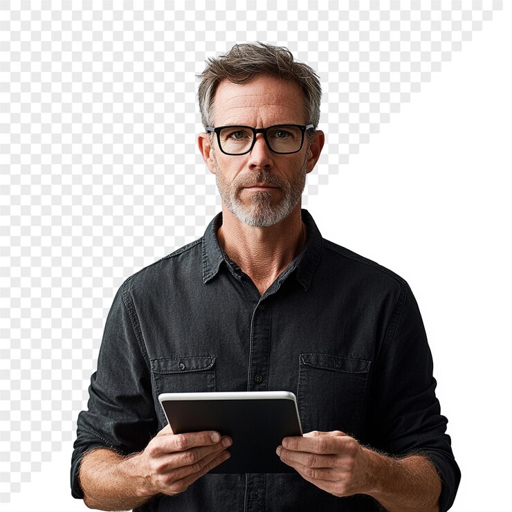 PSD un hombre con gafas sosteniendo una tableta con las palabras "sx" en ella