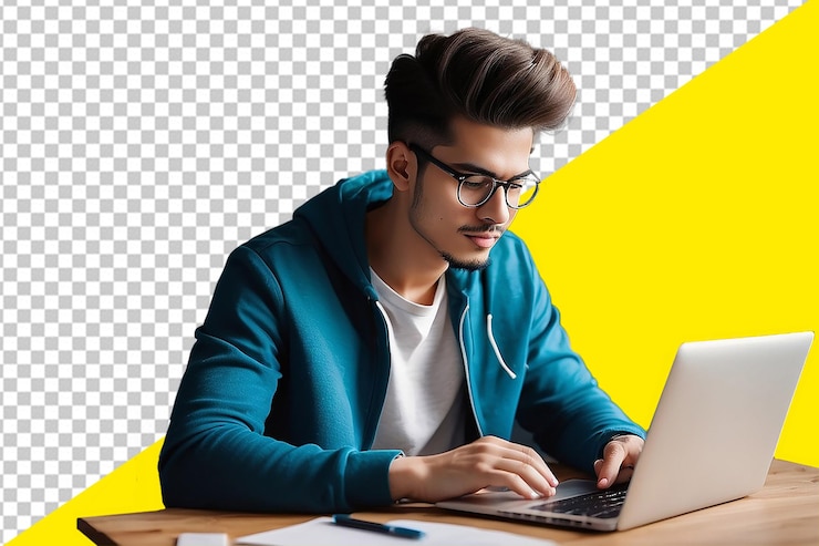 PSD el hombre de las gafas trabaja en una computadora portátil con un fondo amarillo con un fondo transparente