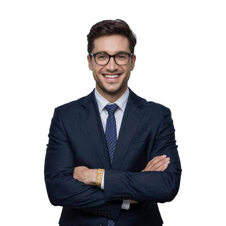 un hombre con gafas y un traje con un reloj en su brazo izquierdo