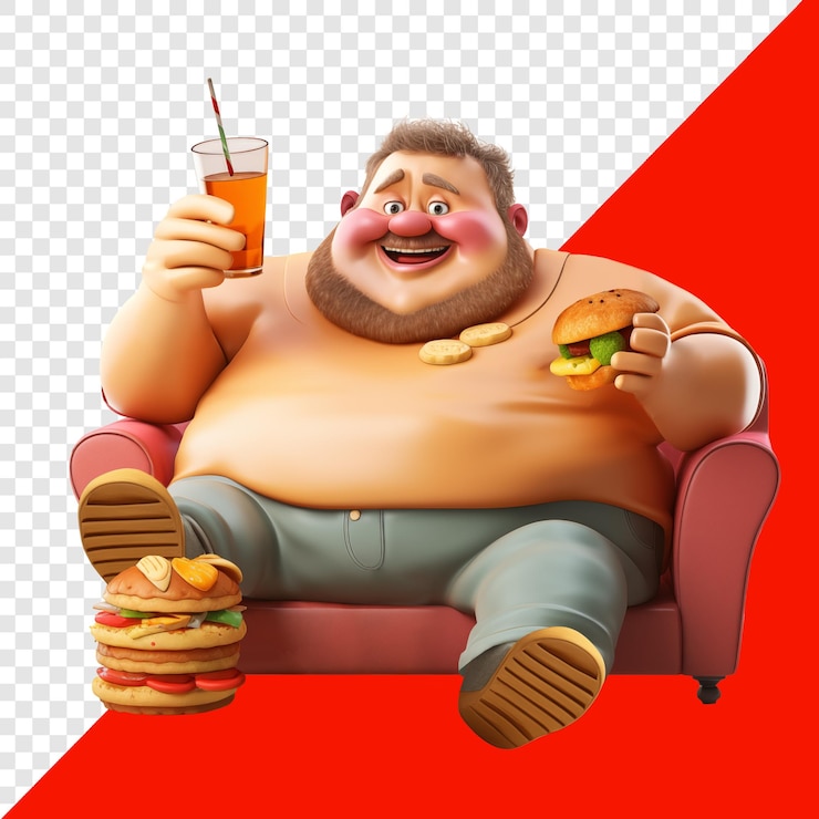 PSD un hombre gordo está bebiendo y comiendo una hamburguesa mientras está sentado en un sofá 3d adecuado para la salud y la dieta