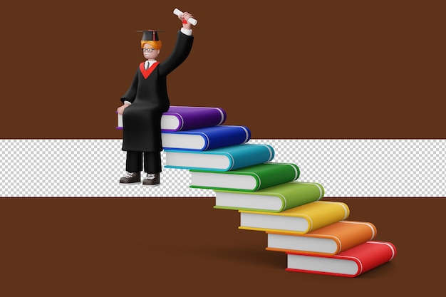 Hombre graduado feliz con diploma y renderizado 3d de libro colorido