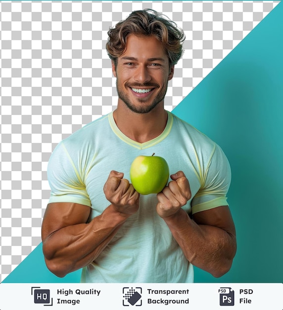 PSD hombre guapo y alegre con una camiseta en blanco de pie mostrando manzana verde haciendo ejercicio con pesas sobre fondo azul con un brazo peludo y mano visible y un hombre sonriente con cabello marrón y