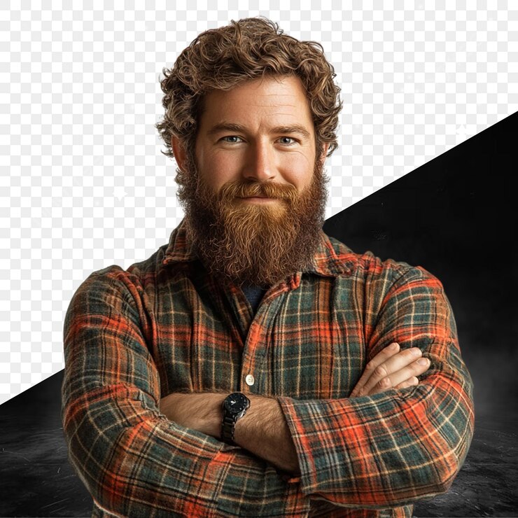 PSD hombre guapo con barba y camisa a cuadros