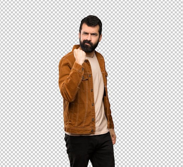 PSD hombre guapo con barba con gesto enojado