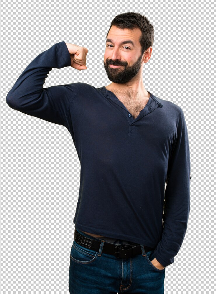 PSD hombre guapo con barba haciendo gesto fuerte
