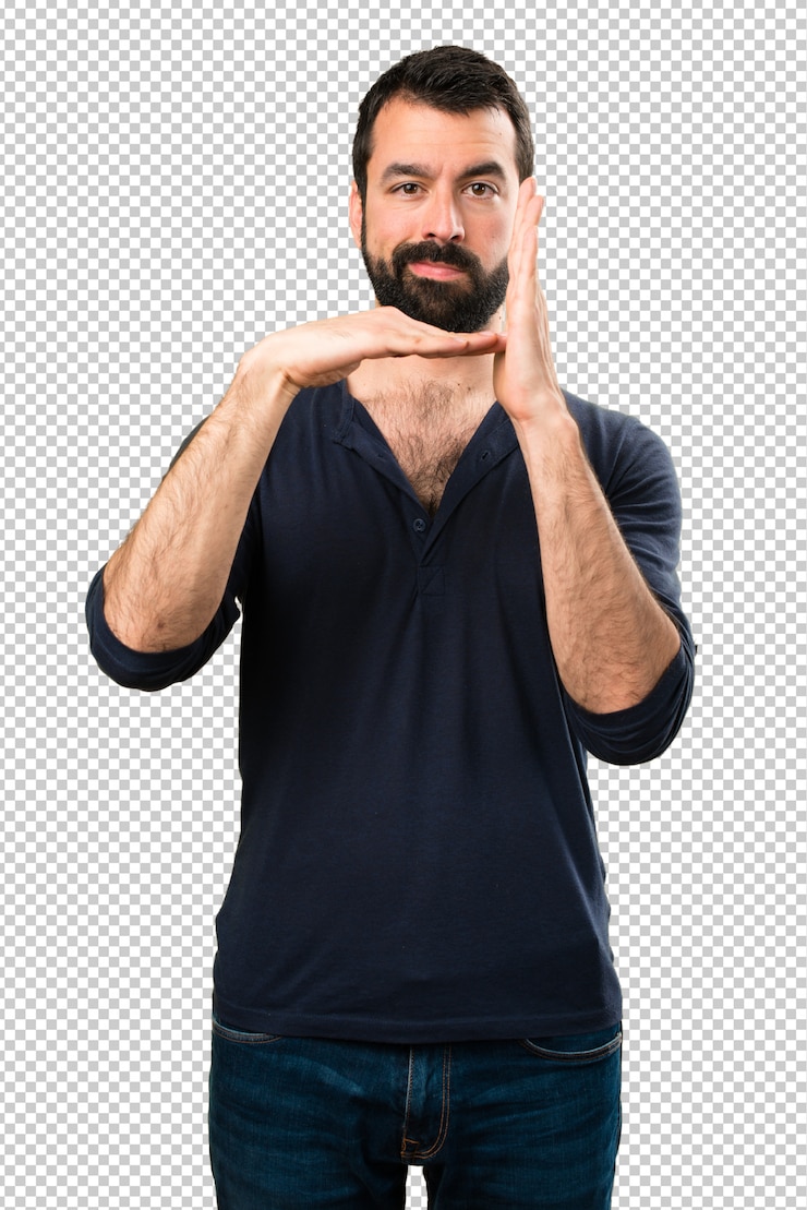 PSD hombre guapo con barba haciendo gesto de tiempo